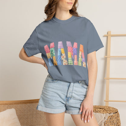 Mama Patchwork Graphic T-Shirt – Colorful Quilted Letter Tee for Moms