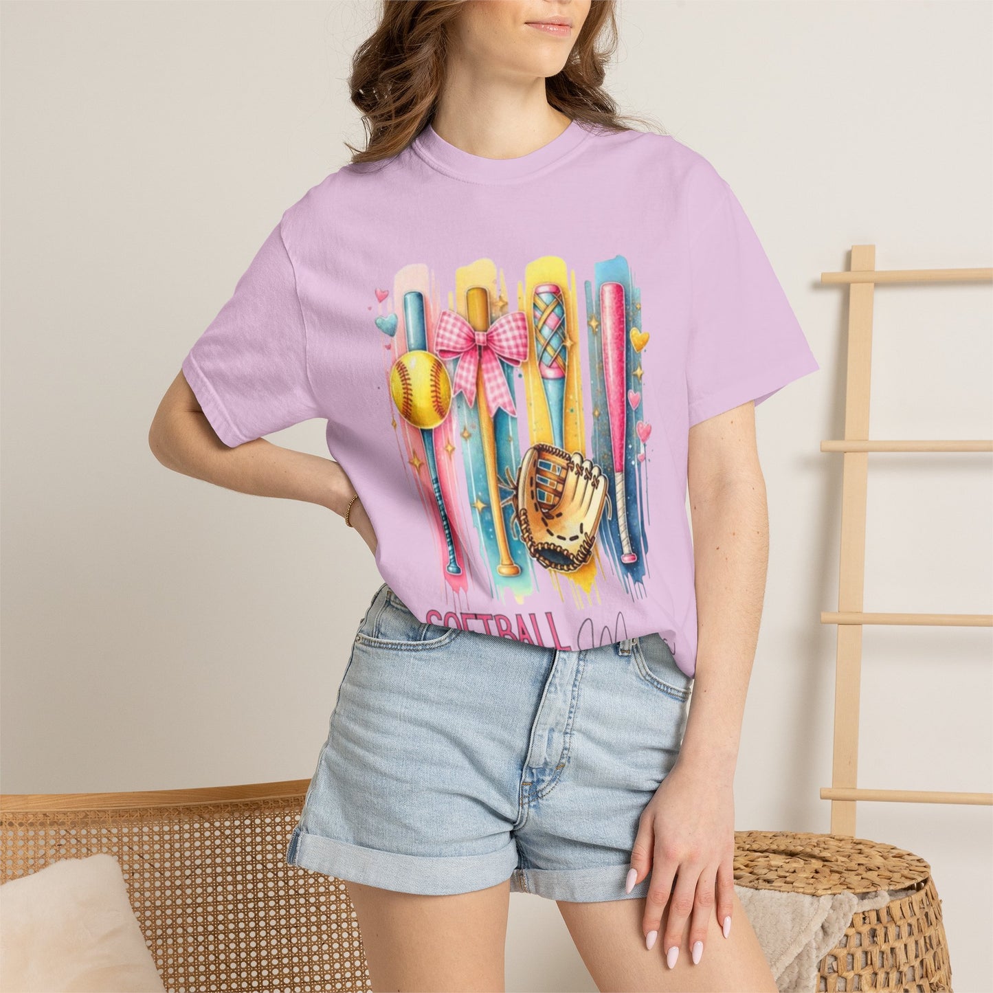 Softball Mama T-Shirt - Colorful Bats & Glove Graphic