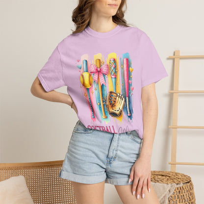 Softball Mama T-Shirt - Colorful Bats & Glove Graphic