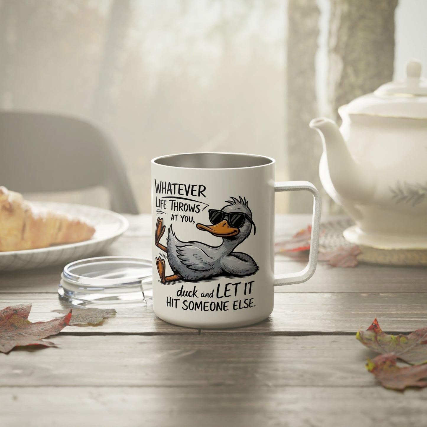 Insulated 10oz Coffee Mug — Funny Cool Seagull "Whatever Life Throws" Travel Tumbler