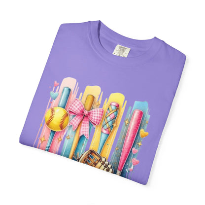 Softball Mama T-Shirt - Colorful Bats & Glove Graphic