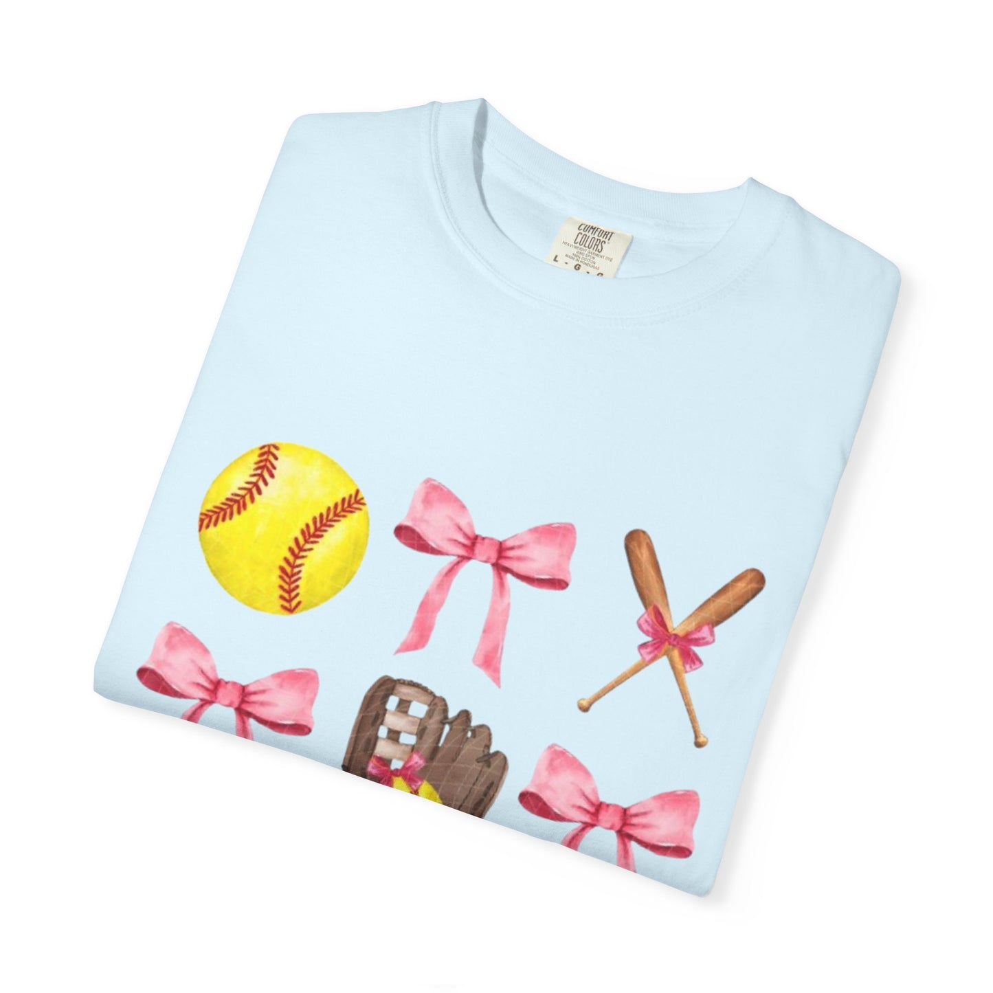 Softball Mom Graphic T-Shirt — Pink Bows, Glove & Helmet Design