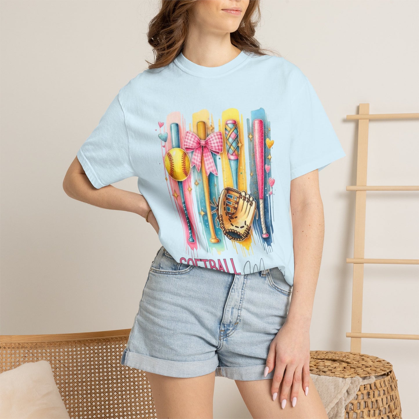 Softball Mama T-Shirt - Colorful Bats & Glove Graphic