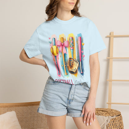 Softball Mama T-Shirt - Colorful Bats & Glove Graphic