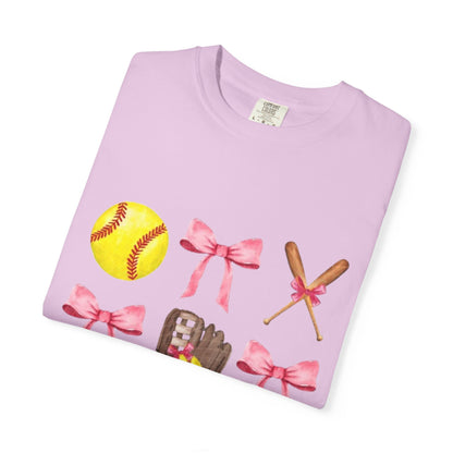 Softball Mom Graphic T-Shirt — Pink Bows, Glove & Helmet Design