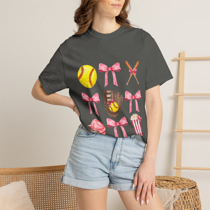 Softball Mom Graphic T-Shirt — Pink Bows, Glove & Helmet Design