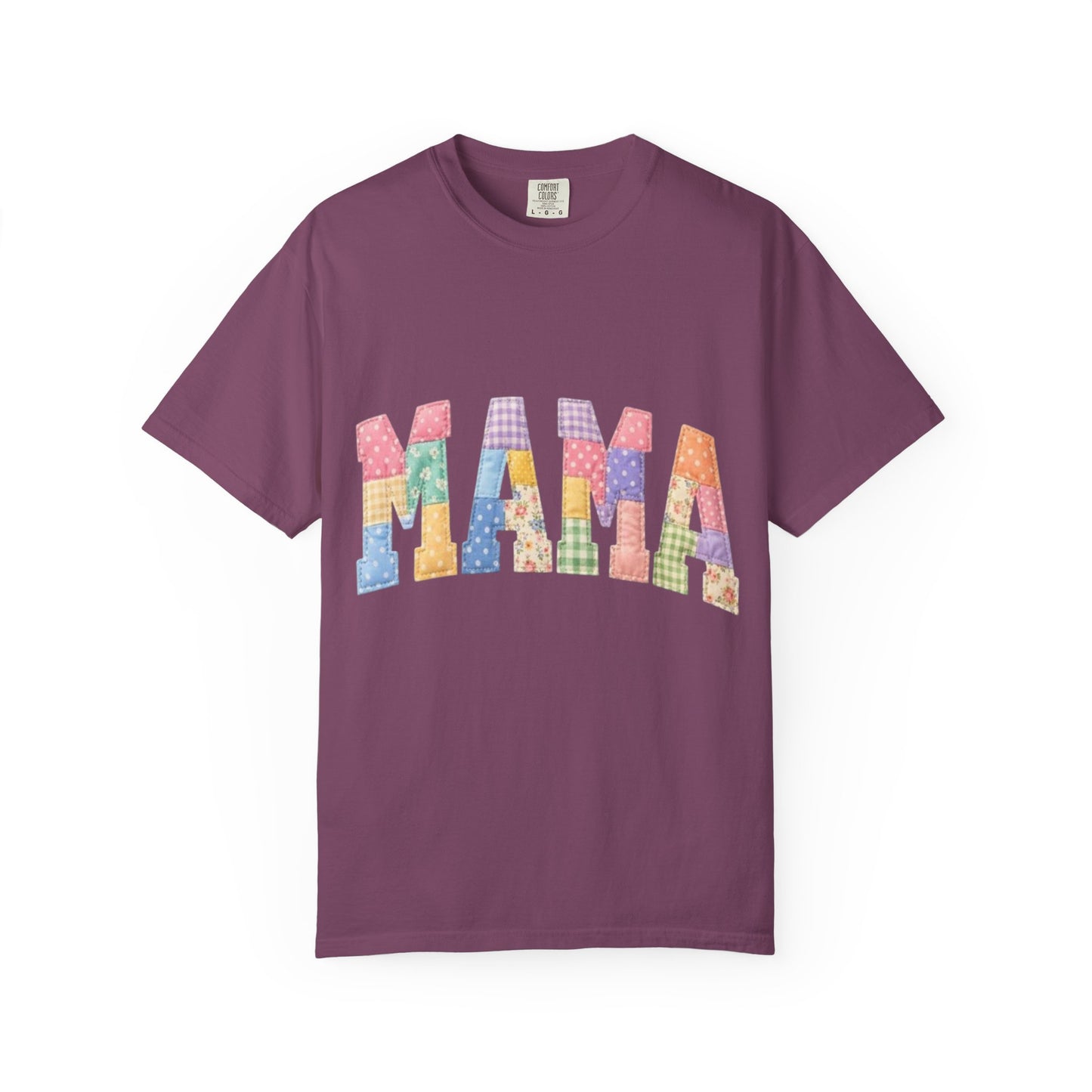 Mama Patchwork Graphic T-Shirt – Colorful Quilted Letter Tee for Moms