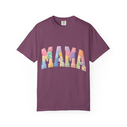 Mama Patchwork Graphic T-Shirt – Colorful Quilted Letter Tee for Moms