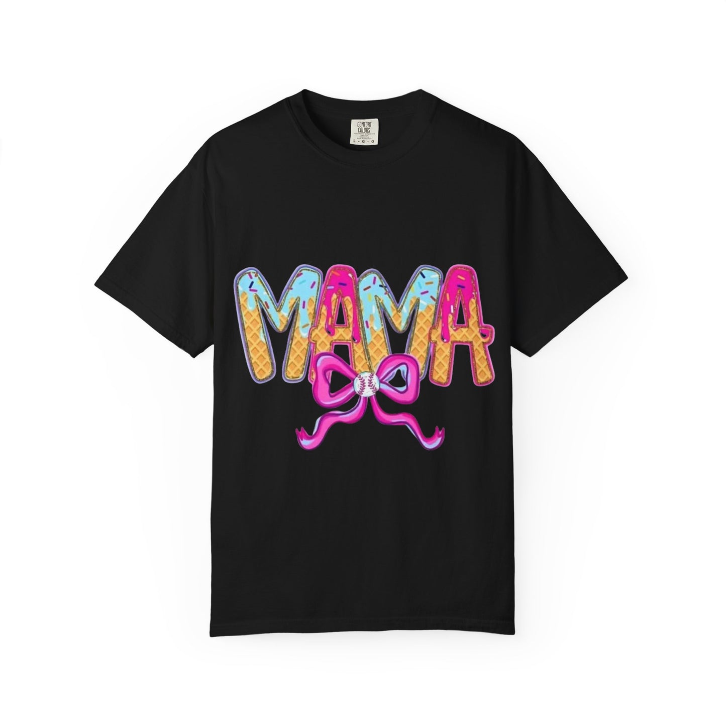 Mama Graphic T-Shirt — Colorful Drip Lettering with Bow