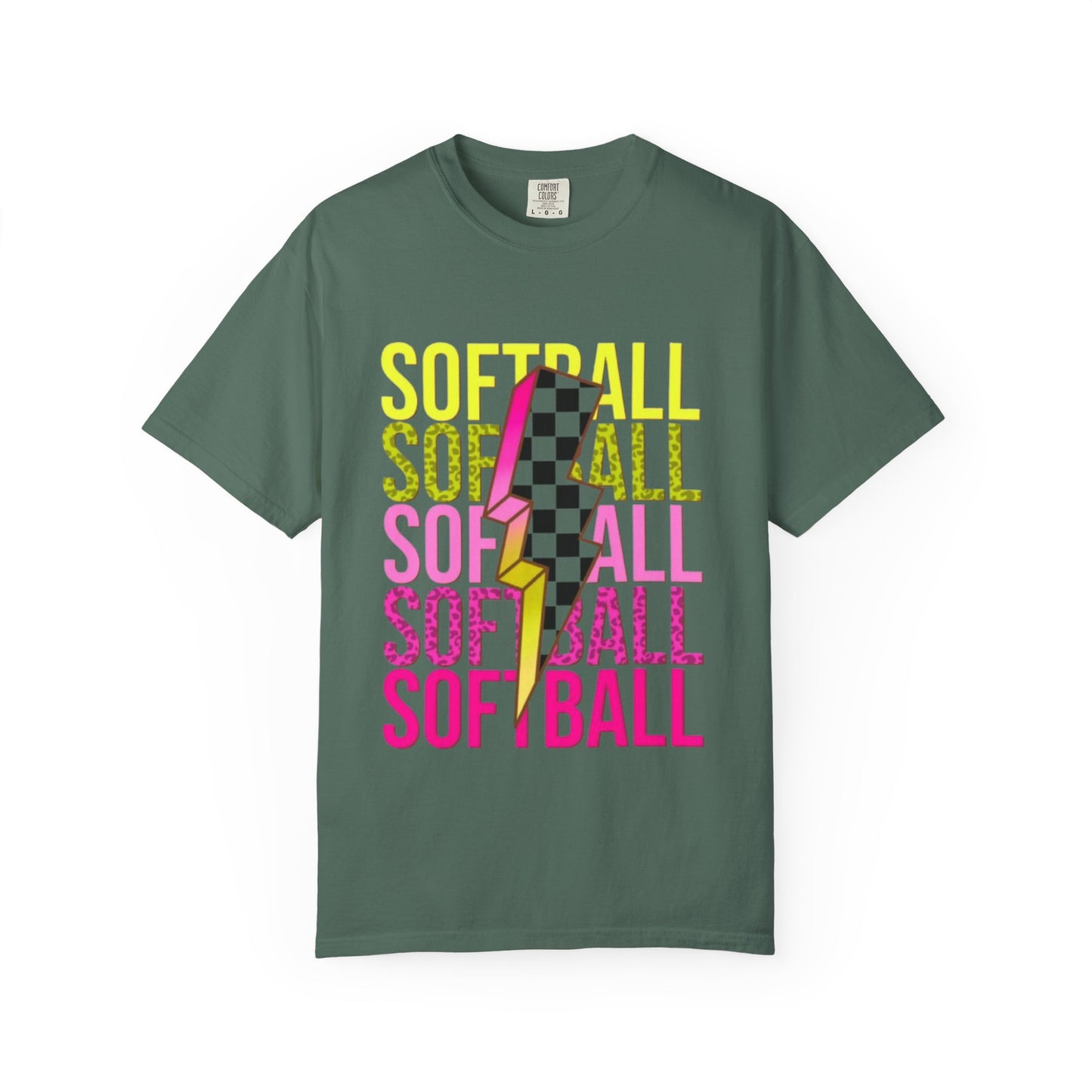 Softball Lightning Tee — Checkerboard Bolt Graphic Softball T‑Shirt