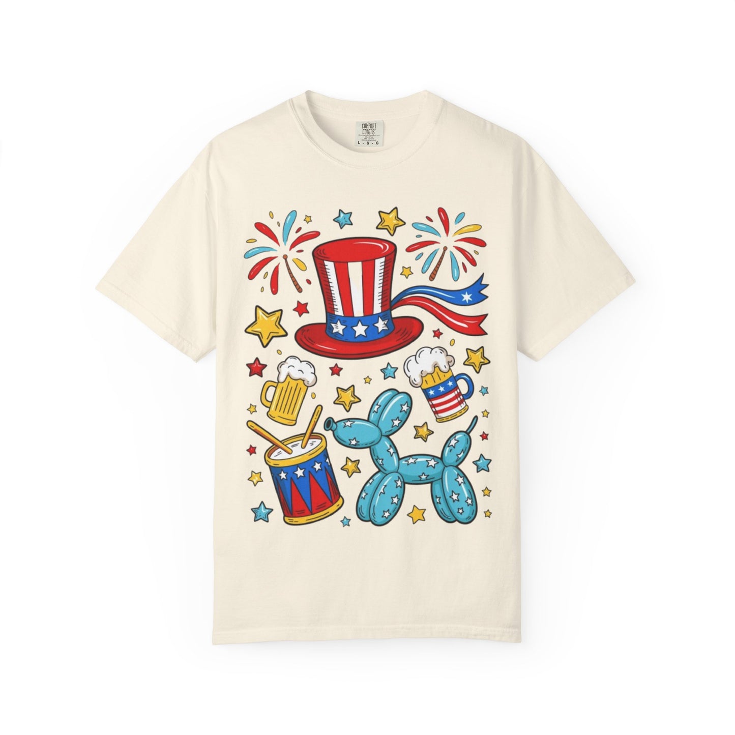 Patriotic Party T-Shirt — Uncle Sam Hat, Fireworks & Balloon Dog 4th of July Tee