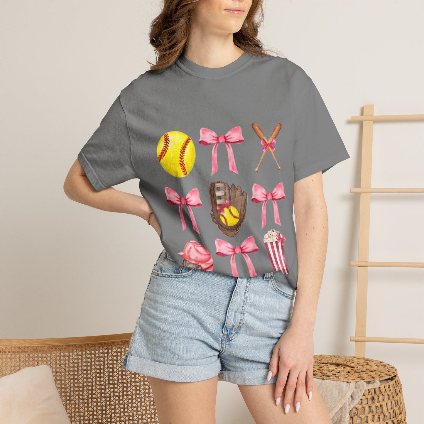 Softball Mom Graphic T-Shirt — Pink Bows, Glove & Helmet Design
