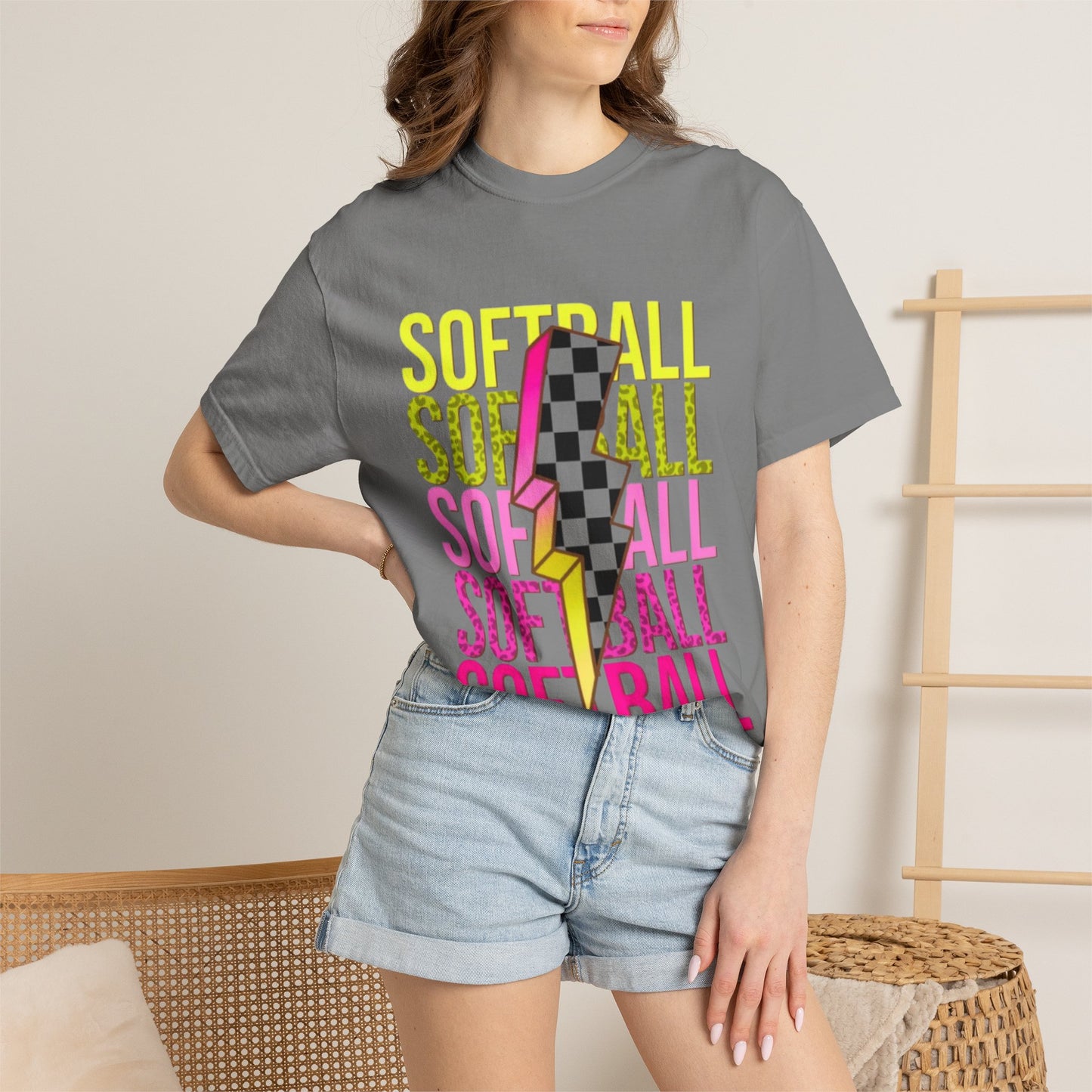 Softball Lightning Tee — Checkerboard Bolt Graphic Softball T‑Shirt