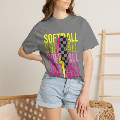 Softball Lightning Tee — Checkerboard Bolt Graphic Softball T‑Shirt