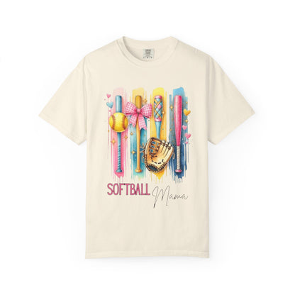 Softball Mama T-Shirt - Colorful Bats & Glove Graphic