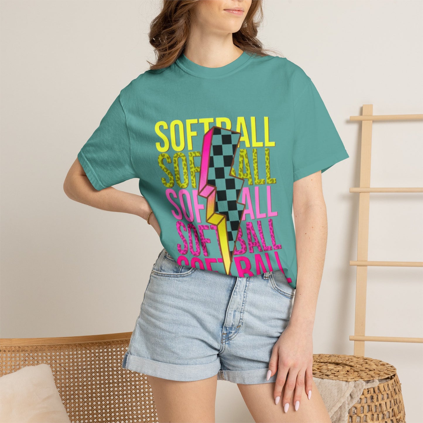 Softball Lightning Tee — Checkerboard Bolt Graphic Softball T‑Shirt