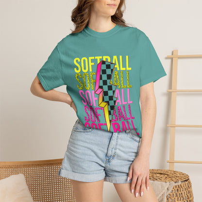 Softball Lightning Tee — Checkerboard Bolt Graphic Softball T‑Shirt