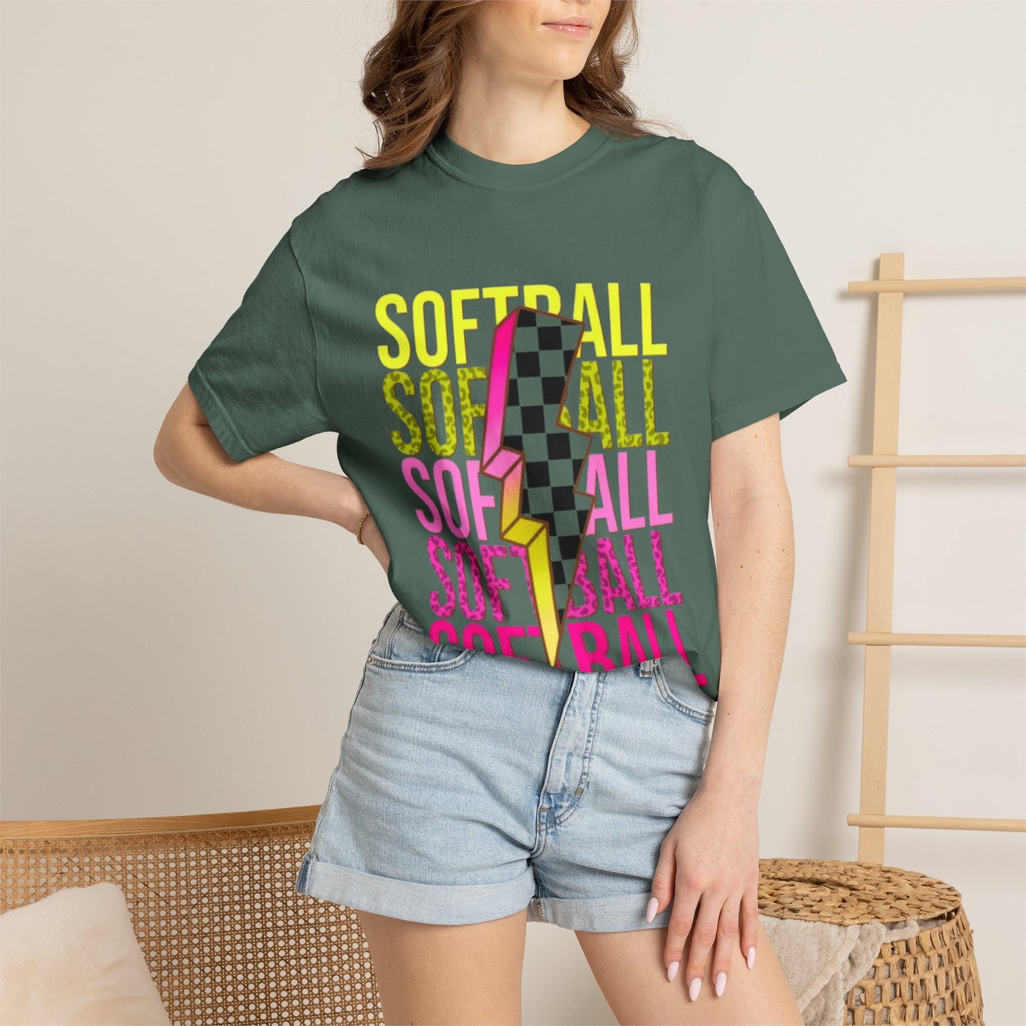 Softball Lightning Tee — Checkerboard Bolt Graphic Softball T‑Shirt