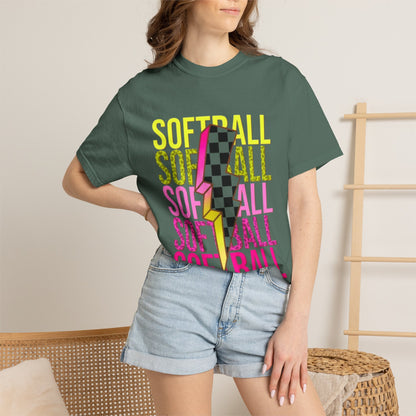 Softball Lightning Tee — Checkerboard Bolt Graphic Softball T‑Shirt