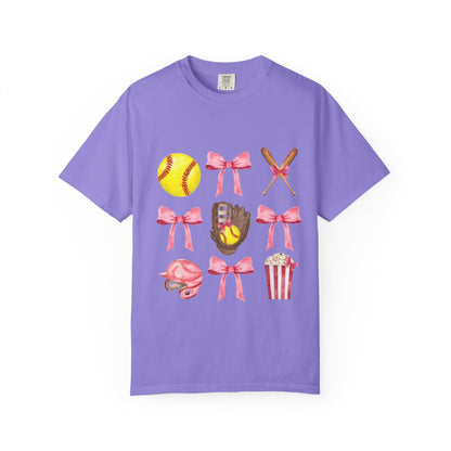 Softball Mom Graphic T-Shirt — Pink Bows, Glove & Helmet Design