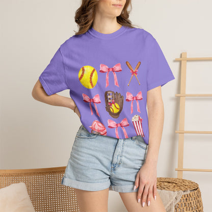 Softball Mom Graphic T-Shirt — Pink Bows, Glove & Helmet Design