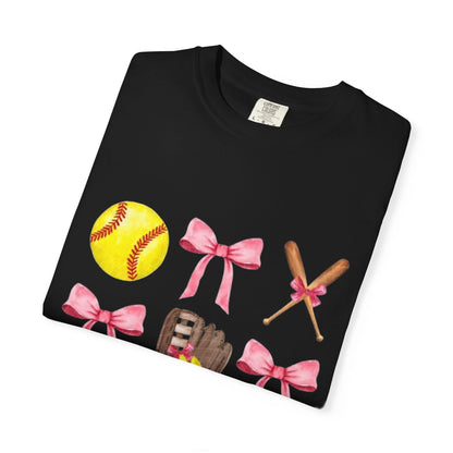 Softball Mom Graphic T-Shirt — Pink Bows, Glove & Helmet Design