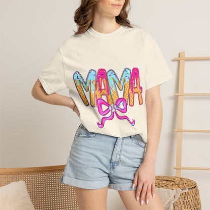 Mama Colorful Drip Graphic T-Shirt — Cute Pink Bow Mom Tee