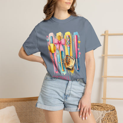 Softball Mama T-Shirt - Colorful Bats & Glove Graphic