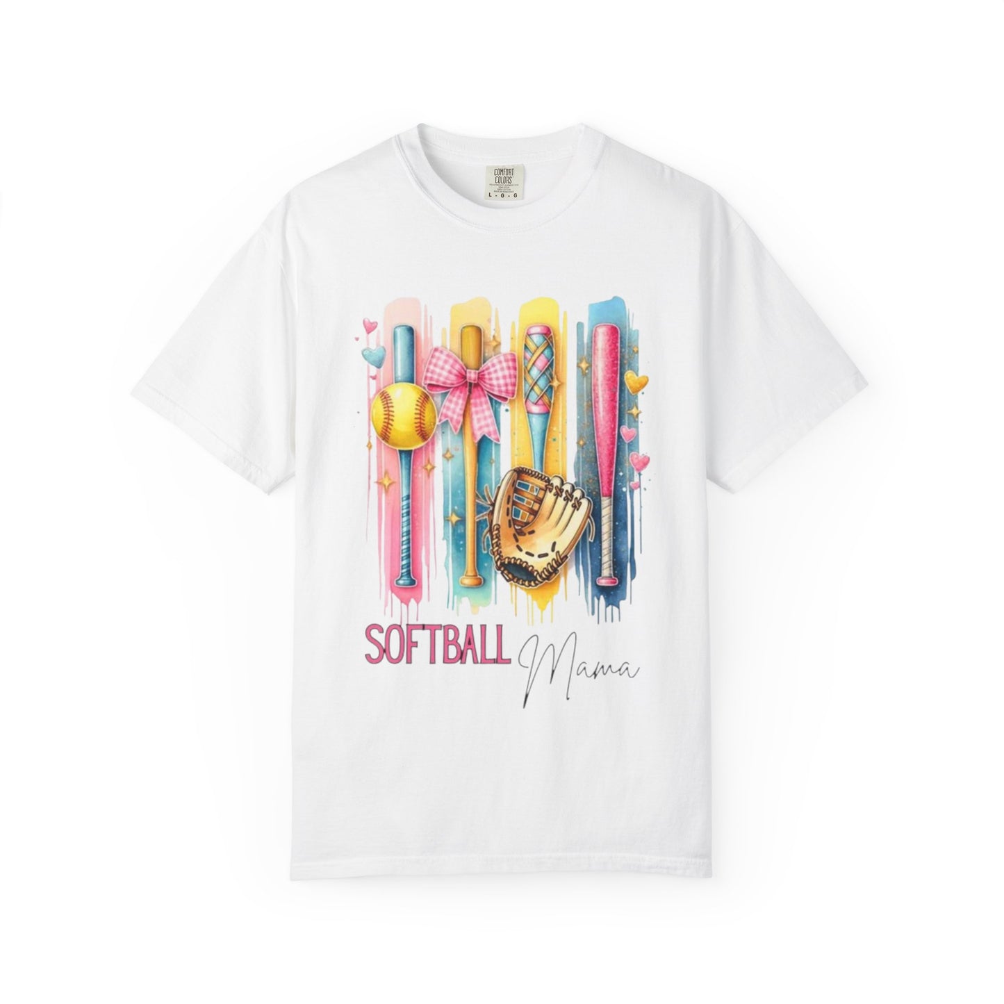 Softball Mama T-Shirt - Colorful Bats & Glove Graphic