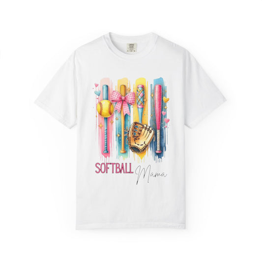 Softball Mama T-Shirt - Colorful Bats & Glove Graphic