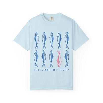 T-Shirt “Rules Are for Losers” Mackerel Print —