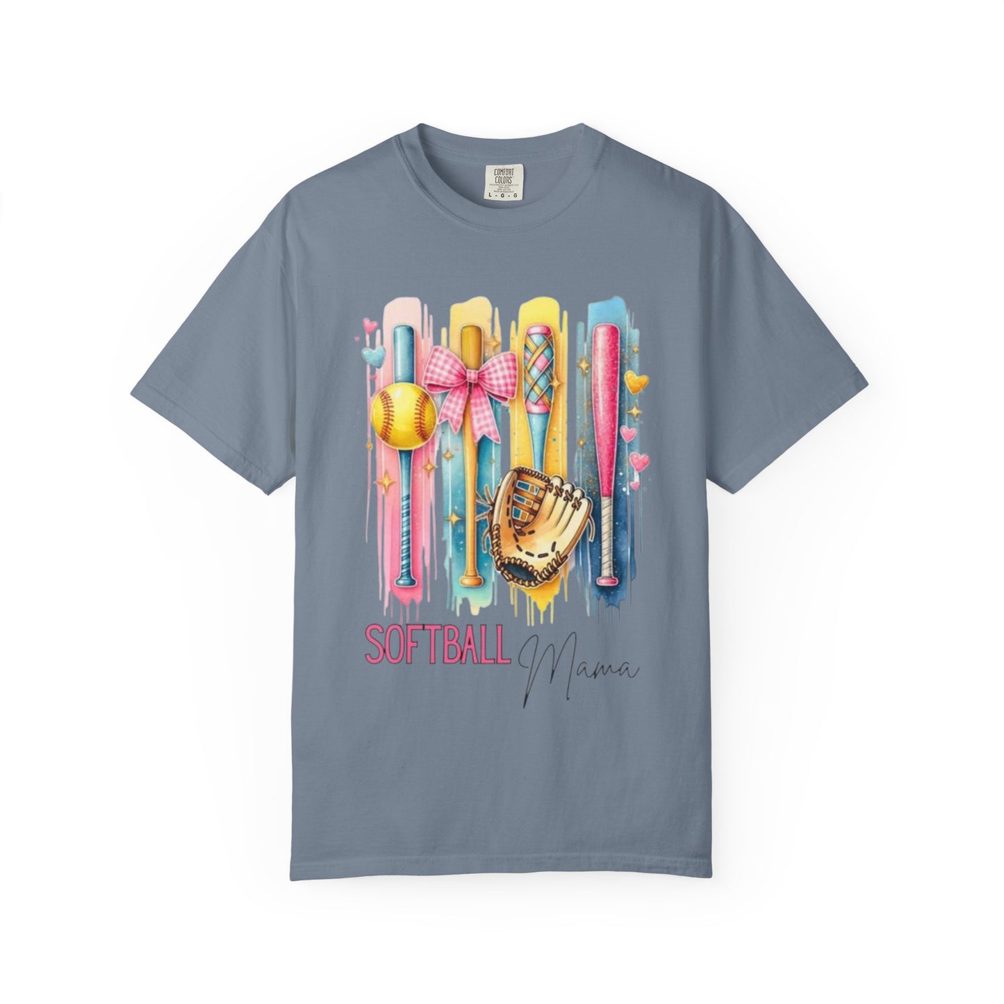 Softball Mama T-Shirt - Colorful Bats & Glove Graphic