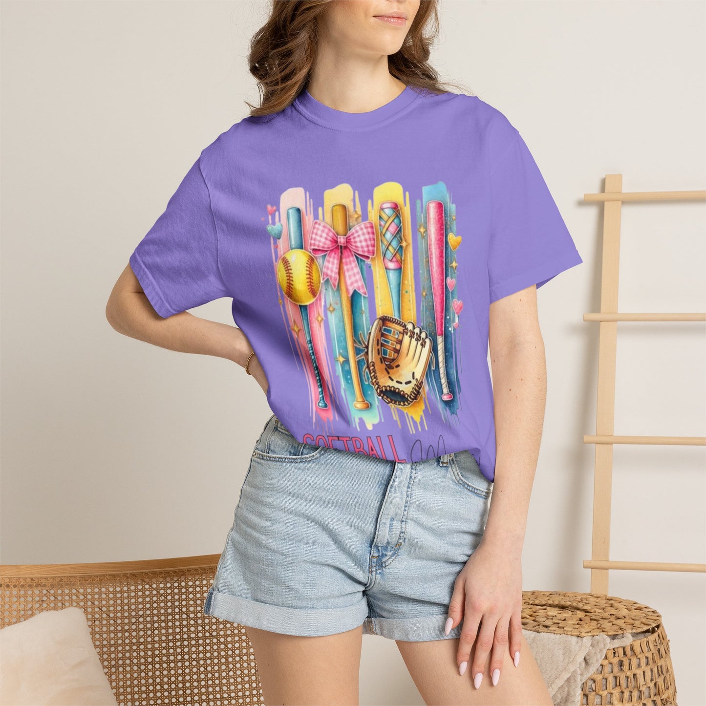 Softball Mama T-Shirt - Colorful Bats & Glove Graphic