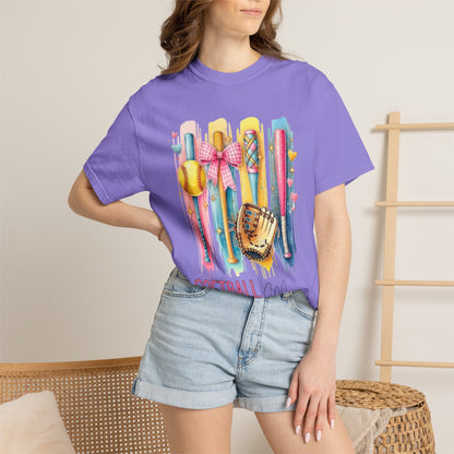 Softball Mama T-Shirt - Colorful Bats & Glove Graphic
