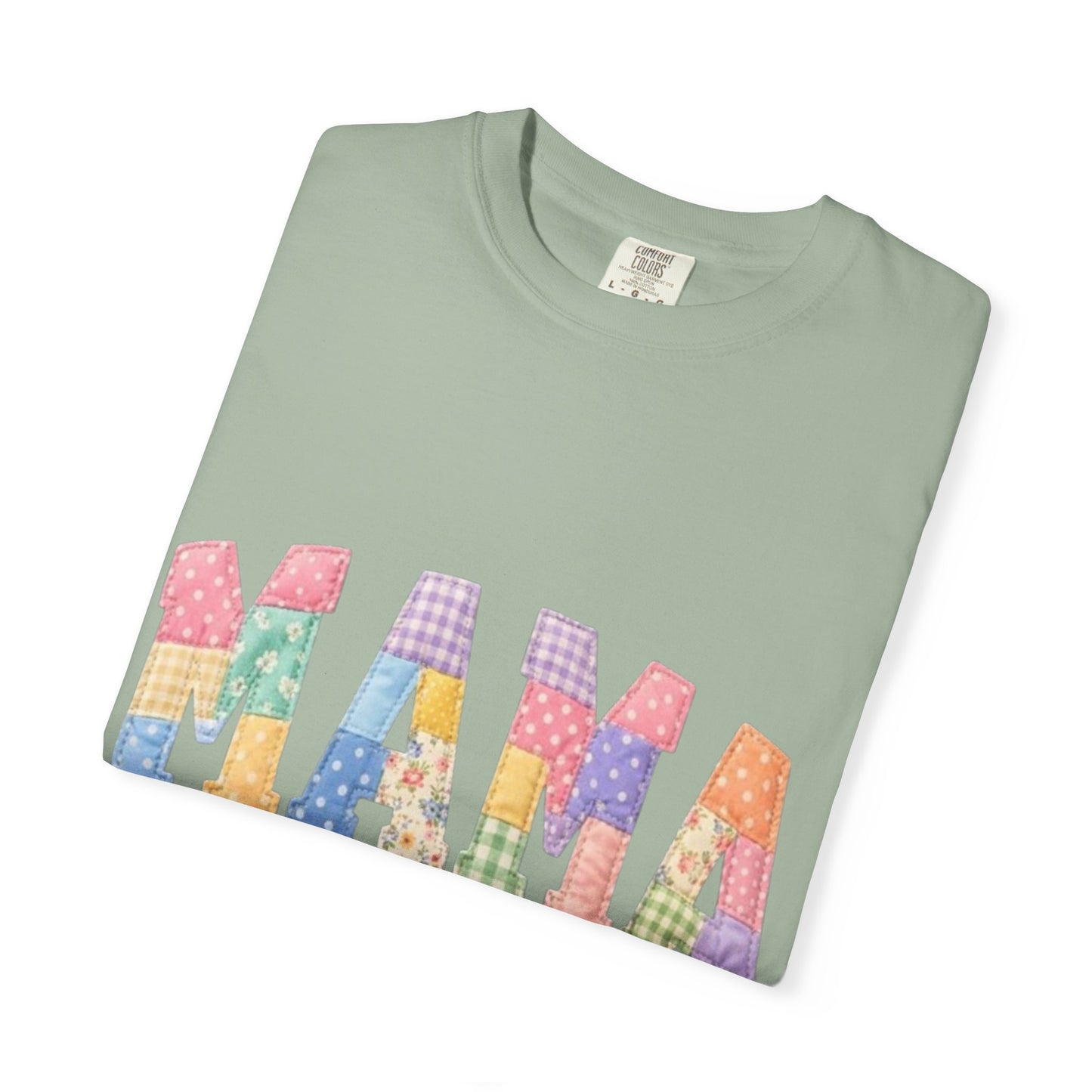 Mama Patchwork Graphic T-Shirt – Colorful Quilted Letter Tee for Moms