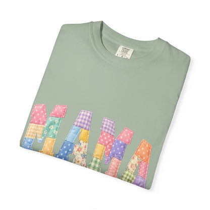 Mama Patchwork Graphic T-Shirt – Colorful Quilted Letter Tee for Moms