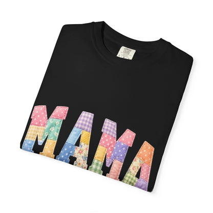 Mama Patchwork Graphic T-Shirt – Colorful Quilted Letter Tee for Moms