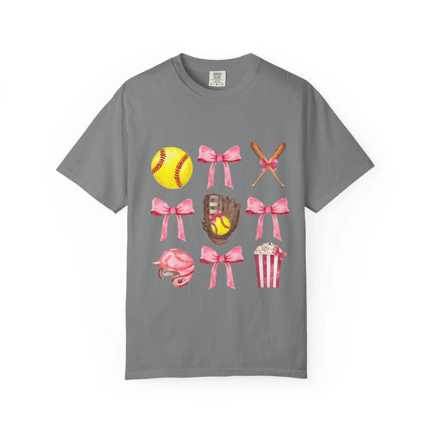 Softball Mom Graphic T-Shirt — Pink Bows, Glove & Helmet Design