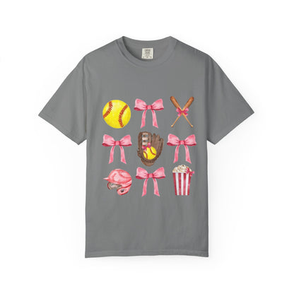 Softball Mom Graphic T-Shirt — Pink Bows, Glove & Helmet Design