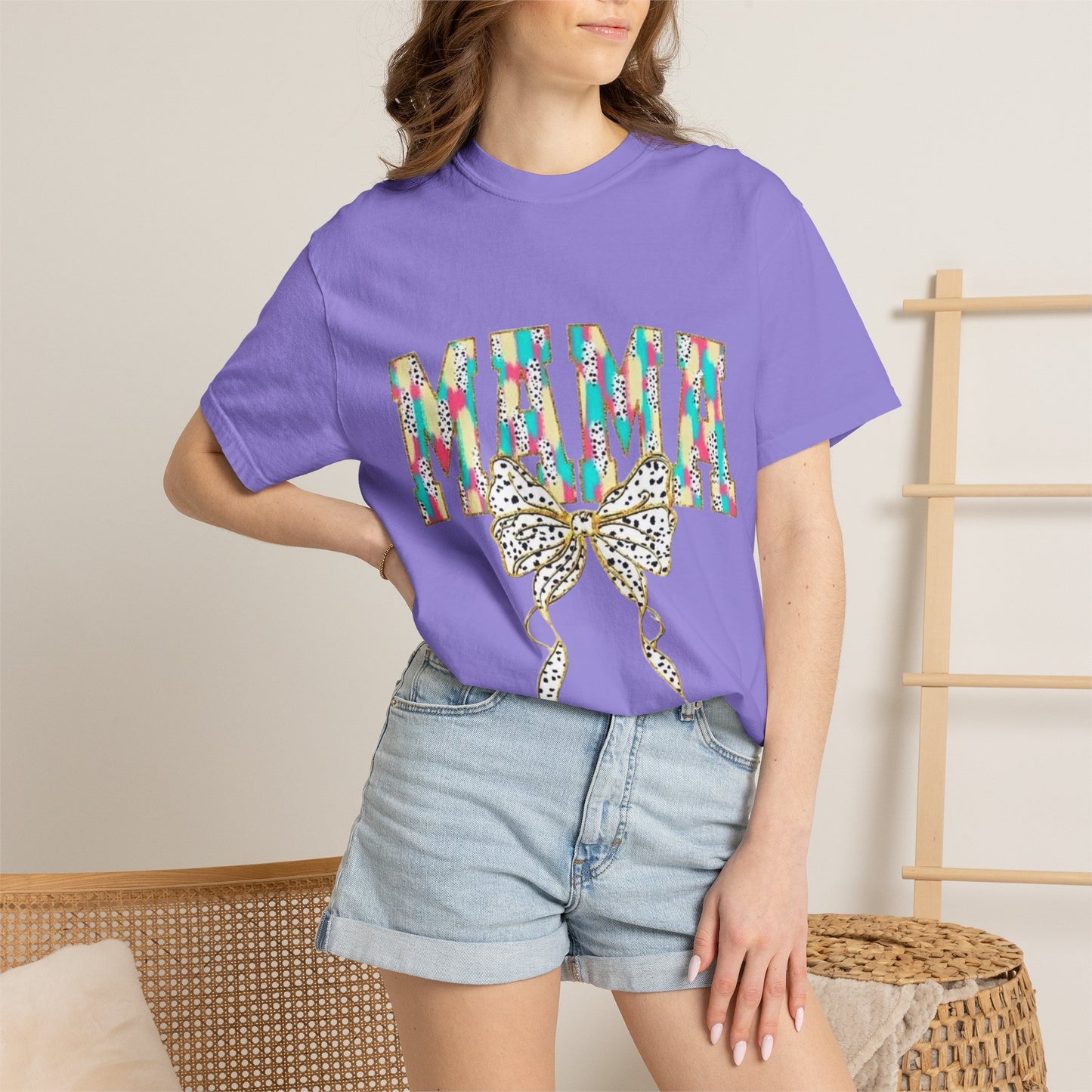 Mama Graphic T-Shirt with Colorful Leopard Bow — Mother's Day Casual Tee