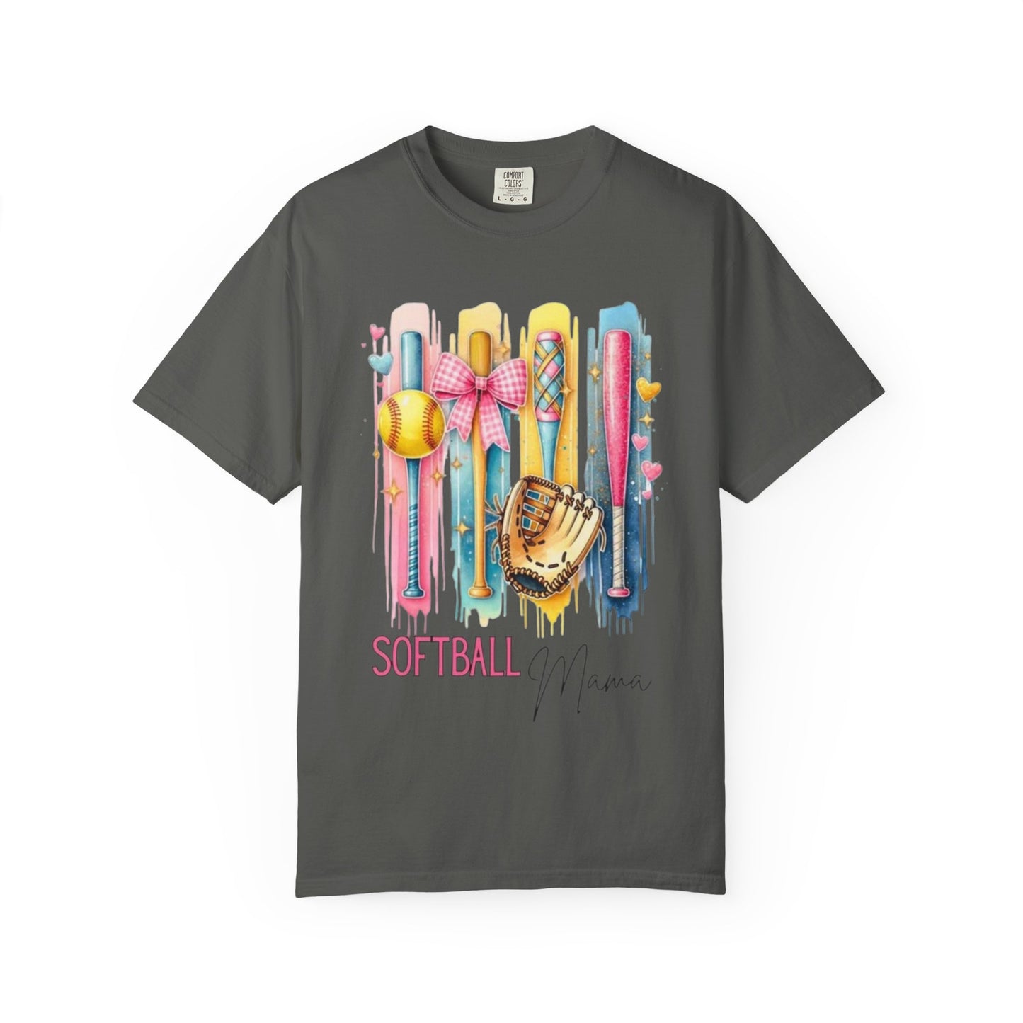 Softball Mama T-Shirt - Colorful Bats & Glove Graphic
