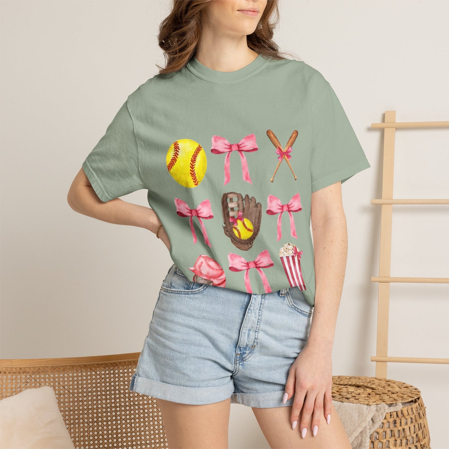 Softball Mom Graphic T-Shirt — Pink Bows, Glove & Helmet Design