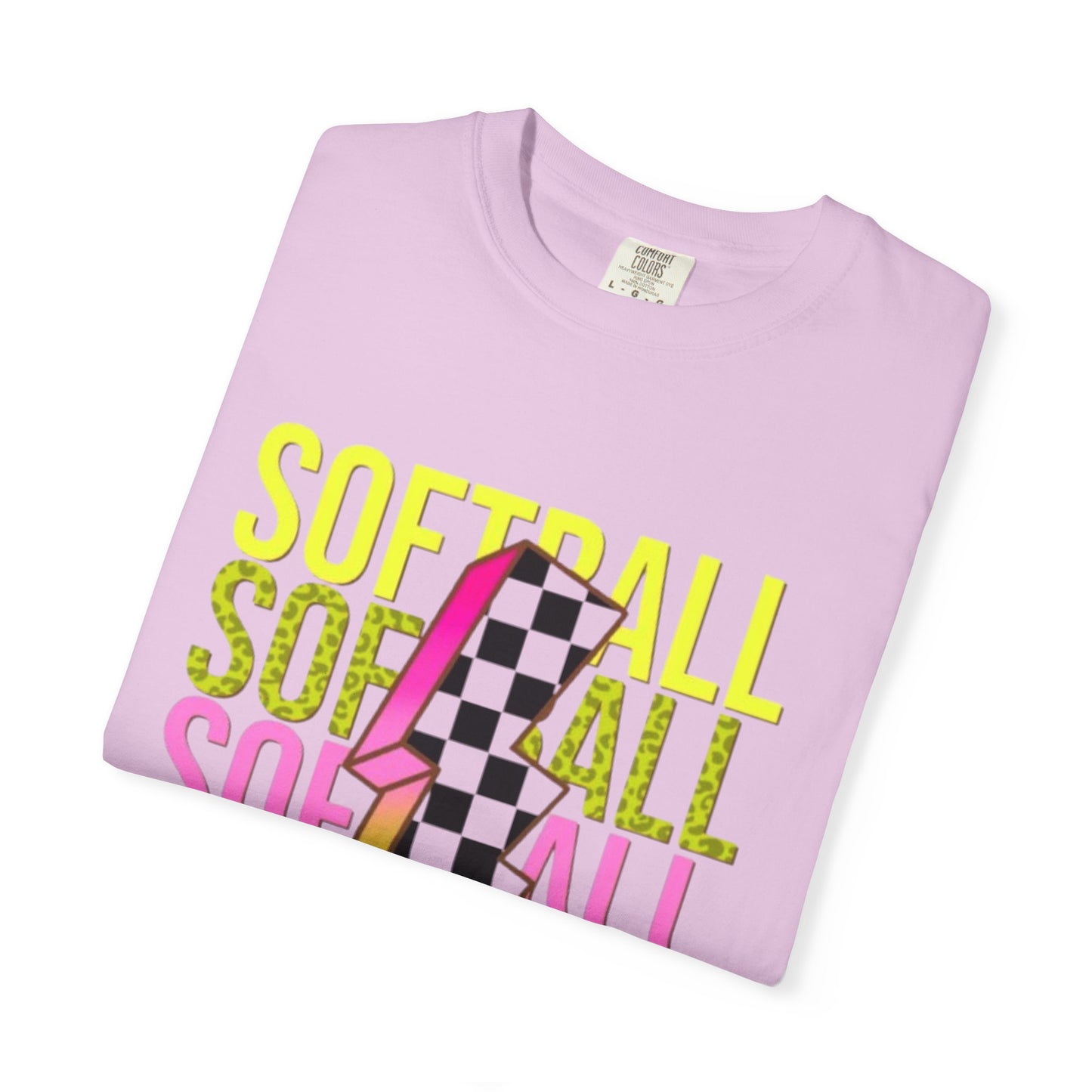 Softball Lightning Tee — Checkerboard Bolt Graphic Softball T‑Shirt