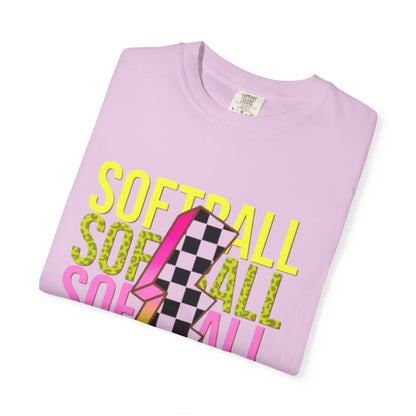 Softball Lightning Tee — Checkerboard Bolt Graphic Softball T‑Shirt