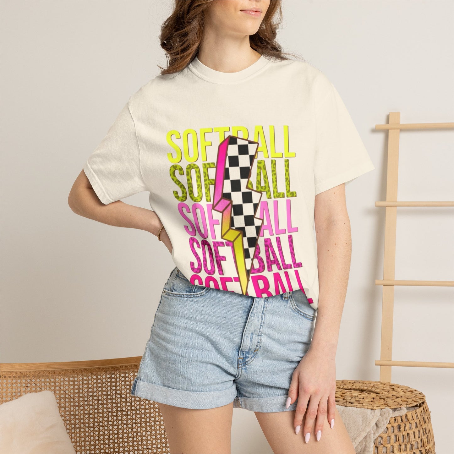Softball Lightning Tee — Checkerboard Bolt Graphic Softball T‑Shirt