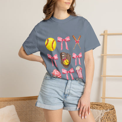 Softball Mom Graphic T-Shirt — Pink Bows, Glove & Helmet Design
