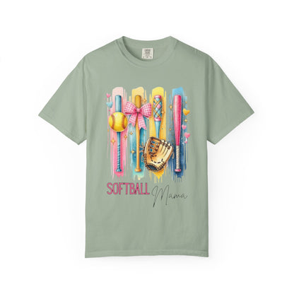 Softball Mama T-Shirt - Colorful Bats & Glove Graphic