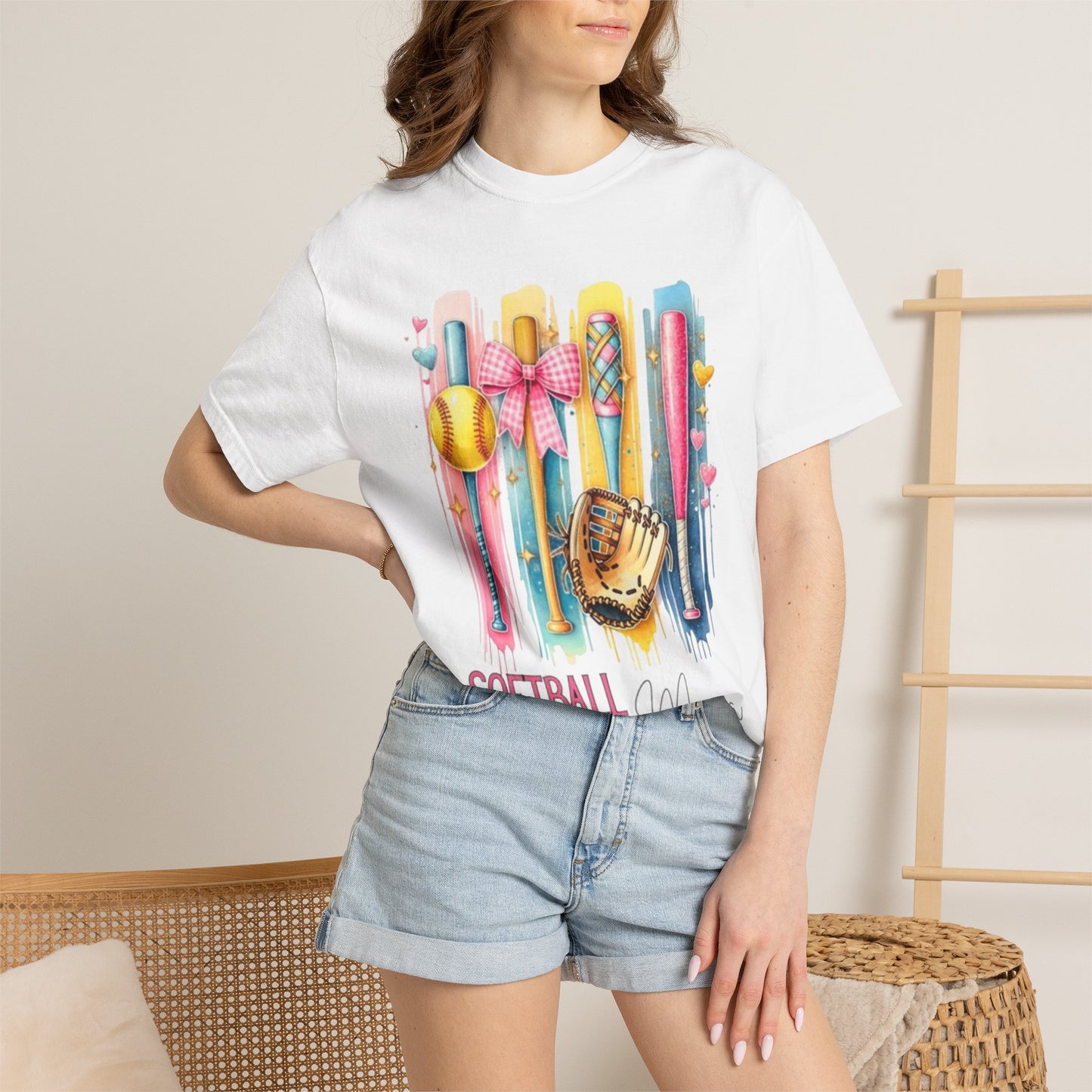 Softball Mama T-Shirt - Colorful Bats & Glove Graphic