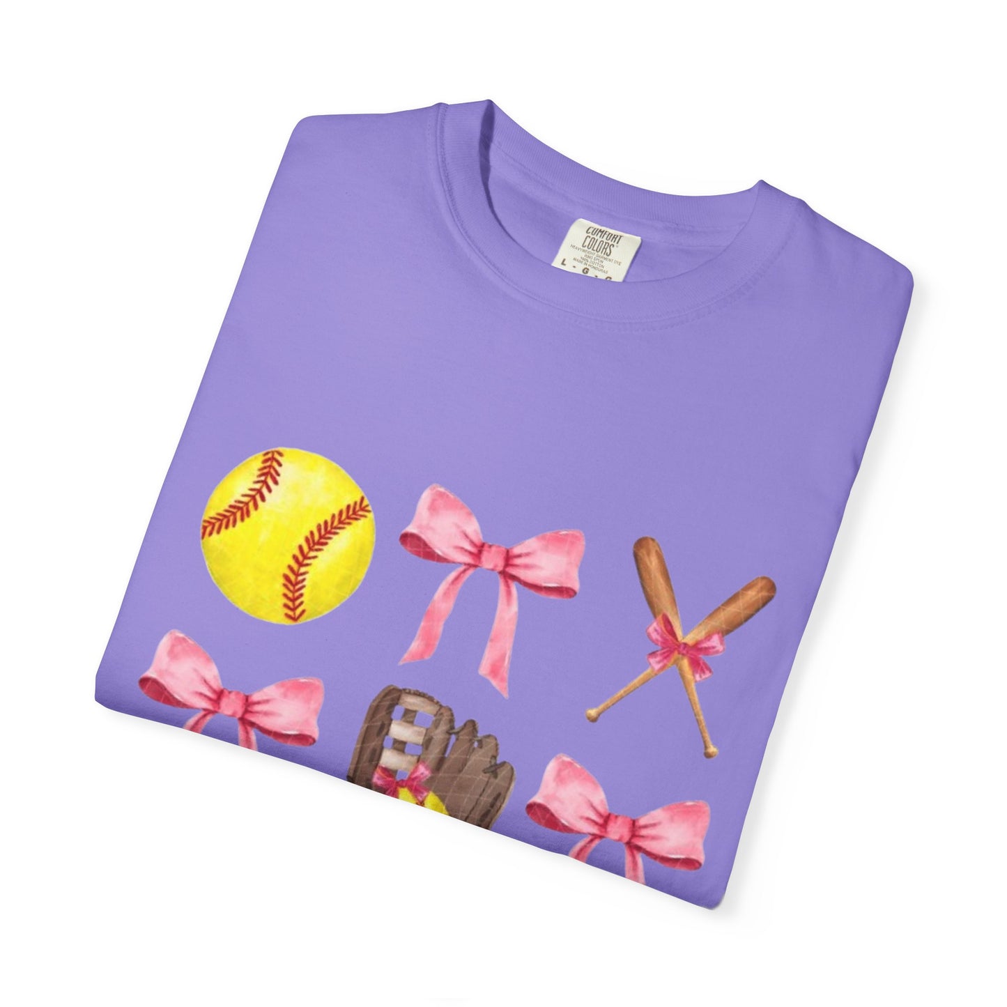Softball Mom Graphic T-Shirt — Pink Bows, Glove & Helmet Design