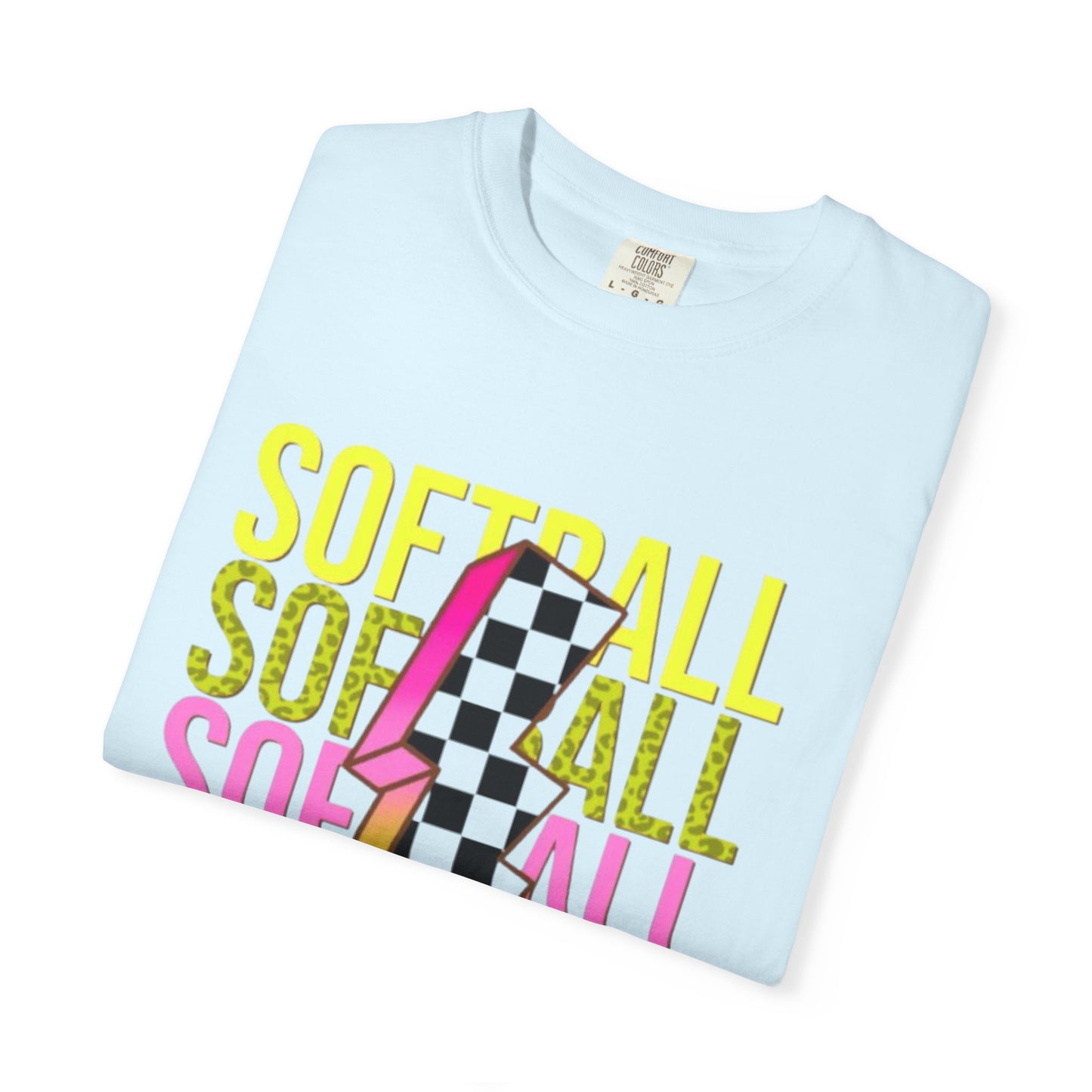 Softball Lightning Tee — Checkerboard Bolt Graphic Softball T‑Shirt